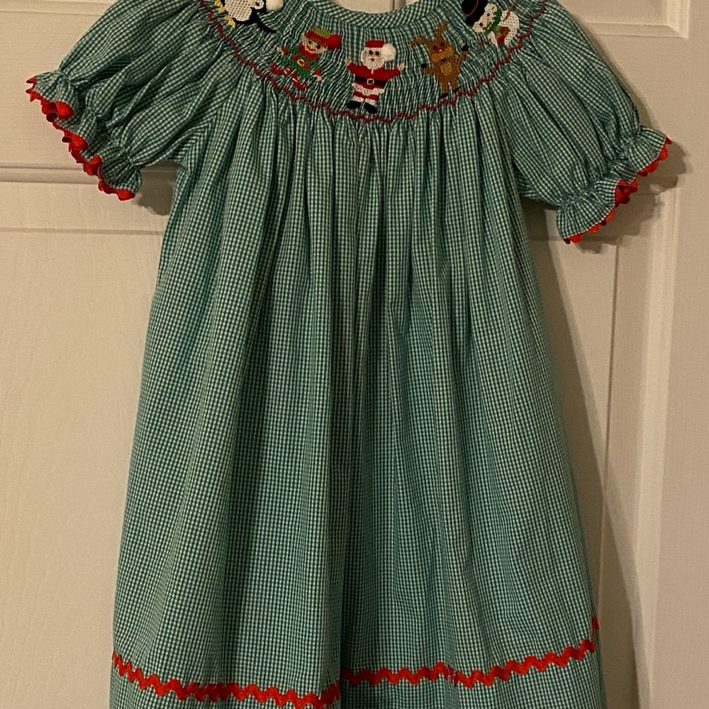 Green Gingham Smocked Christmas Dress with Red Bric-Brac Trim